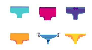 Set of women panties, underwear types string, thong, tanga, bikini. Cheeky, hipster, classic brief, slip, retro high waist or slimming underclothing collection. Cartoon Flat illustration. vector