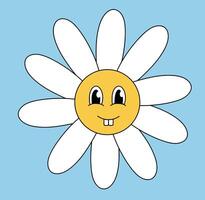 Retro 70s 60s 80s Hippie Groovy cute Daisy Flower. Toothy Smile face. Chamomile Flower power element. Illustration isolated on blue background. vector