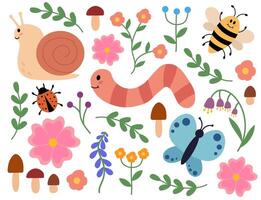linda y acogedor conjunto de caracol, gusano, mariposa, abeja, mariquita, hongos y flores niños acortar Arte. primavera o verano flora y fauna. plano ilustración. vector