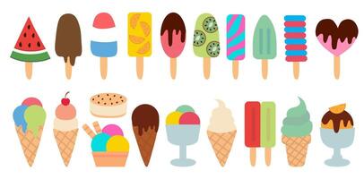 Ice cream collection. Citrus orange, watermelon, ball in cup, classic, gelato, sorbet, Waffle cup, fudge, popsicle, sundae, vanilla, with cherry, sandwich, chocolate, in cone. Summer time sweet food. vector