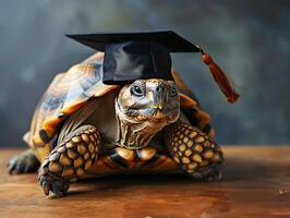 un Tortuga vistiendo un soltero gorra para graduación concepto. foto