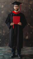 A man wearing graduation gown and holding diploma for ceremony celebration. photo