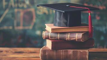 A graduation bachelor cap on a stack of book, knowledge and education concept. photo