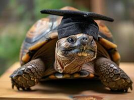 A turtle wearing a bachelor cap for graduation concept. photo