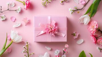 Pink gift box with spring flowers on pink background. photo