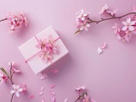 Pink gift box with spring flowers on pink background. photo