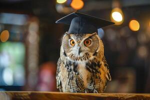 An owl wearing a bachelor cap for graduation concept. photo