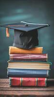 A graduation bachelor cap on a stack of book, knowledge and education concept. photo