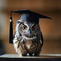 An owl wearing a bachelor cap for graduation concept. photo