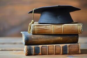 un graduación soltero gorra en un apilar de libro, conocimiento y educación concepto. foto