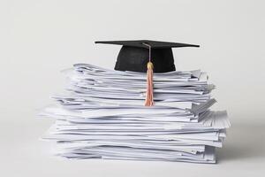 A graduation bachelor cap on a stack of paper, new graduate job hunting concept. photo