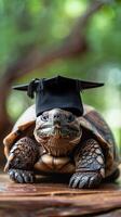 A turtle wearing a bachelor cap for graduation concept. photo