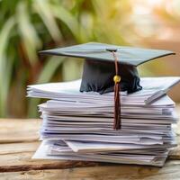 un graduación soltero gorra en un apilar de papel, nuevo graduado trabajo caza concepto. foto