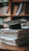 A graduation bachelor cap on a stack of paper, new graduate job hunting concept. photo