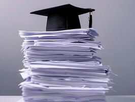 A graduation bachelor cap on a stack of paper, new graduate job hunting concept. photo