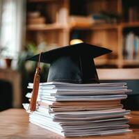 A graduation bachelor cap on a stack of paper, new graduate job hunting concept. photo