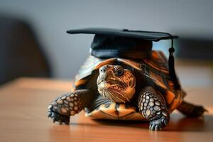 A turtle wearing a bachelor cap for graduation concept. photo