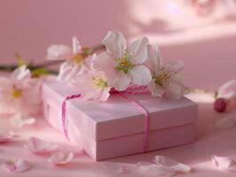 Pink gift box with spring flowers on pink background. photo