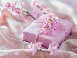 Pink gift box with spring flowers on pink background. photo