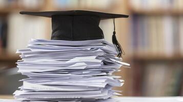 un graduación soltero gorra en un apilar de papel, nuevo graduado trabajo caza concepto. foto