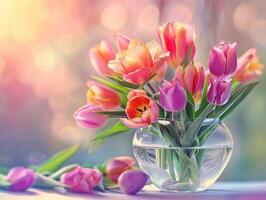 Mother's day colorful background concept with tulip flower in a glass vase. photo