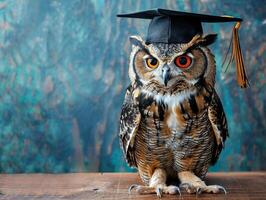 un búho vistiendo un soltero gorra para graduación concepto. foto