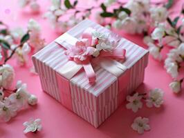 Pink gift box with spring flowers on pink background. photo