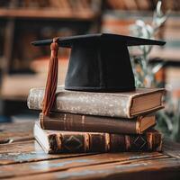 A graduation bachelor cap on a stack of book, knowledge and education concept. photo