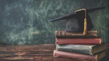 A graduation bachelor cap on a stack of book, knowledge and education concept. photo