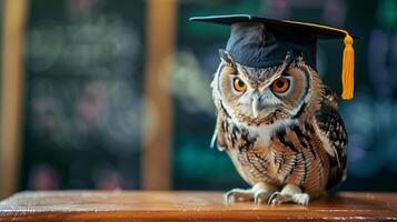 un búho vistiendo un soltero gorra para graduación concepto. foto