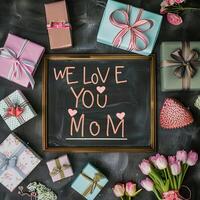 Mother's Day gift and greeting message in a small black board. photo