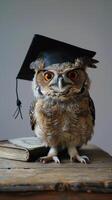 un búho vistiendo un soltero gorra para graduación concepto. foto