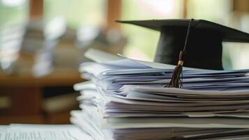 A graduation bachelor cap on a stack of paper, new graduate job hunting concept. photo