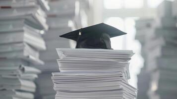 A graduation bachelor cap on a stack of paper, new graduate job hunting concept. photo