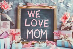 Mother's Day gift and greeting message in a small black board. photo