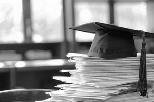 un graduación soltero gorra en un apilar de papel, nuevo graduado trabajo caza concepto. foto