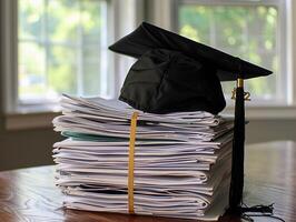 A graduation bachelor cap on a stack of paper, new graduate job hunting concept. photo