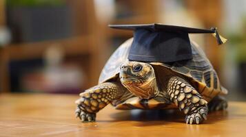 A turtle wearing a bachelor cap for graduation concept. photo