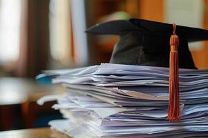 un graduación soltero gorra en un apilar de papel, nuevo graduado trabajo caza concepto. foto