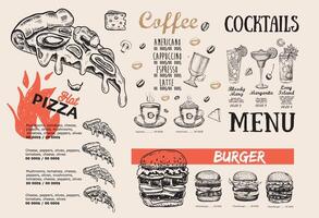 Pizza food Menu, Restaurant, Cafe, template design. Hand drawn illustrations, Food flyer. vector