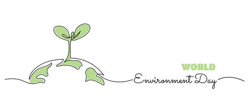 World Environment Day minimal banner template with one line abstract tree sprout on earth drawing vector