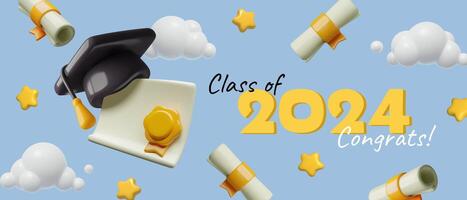 3D Graduation class of 2024 congratulation banner with falling diplomas stars and student caps vector