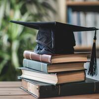 un graduación soltero gorra en un apilar de libro, conocimiento y educación concepto. foto