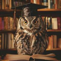 An owl wearing a bachelor cap for graduation concept. photo