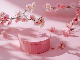 Pink gift box with spring flowers on pink background. photo