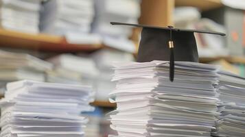 un graduación soltero gorra en un apilar de papel, nuevo graduado trabajo caza concepto. foto