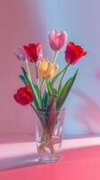 Mother's day colorful background concept with tulip flower in a glass vase. photo