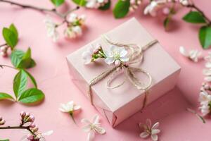 Pink gift box with spring flowers on pink background. photo