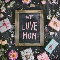 Mother's Day gift and greeting message in a small black board. photo