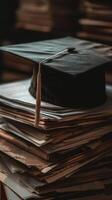 A graduation bachelor cap on a stack of paper, new graduate job hunting concept. photo